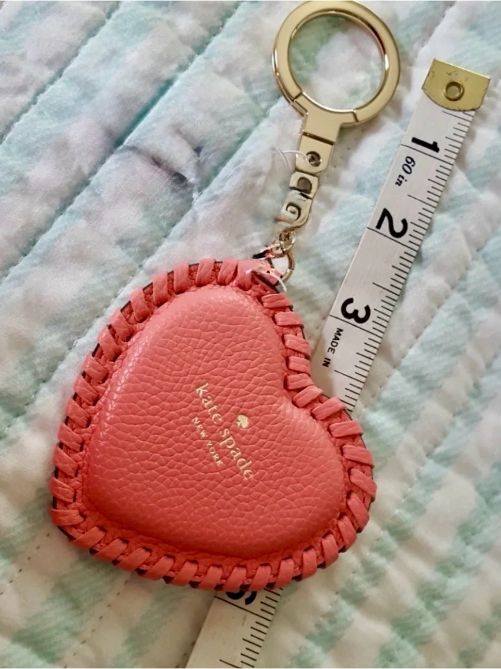 Kate Spade Pink Pebbled Leather Whipstitch Heart Keyring bag-charm like new